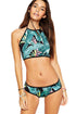 Sexy Palm Floral Halter Crop Tankini Set Swimwear